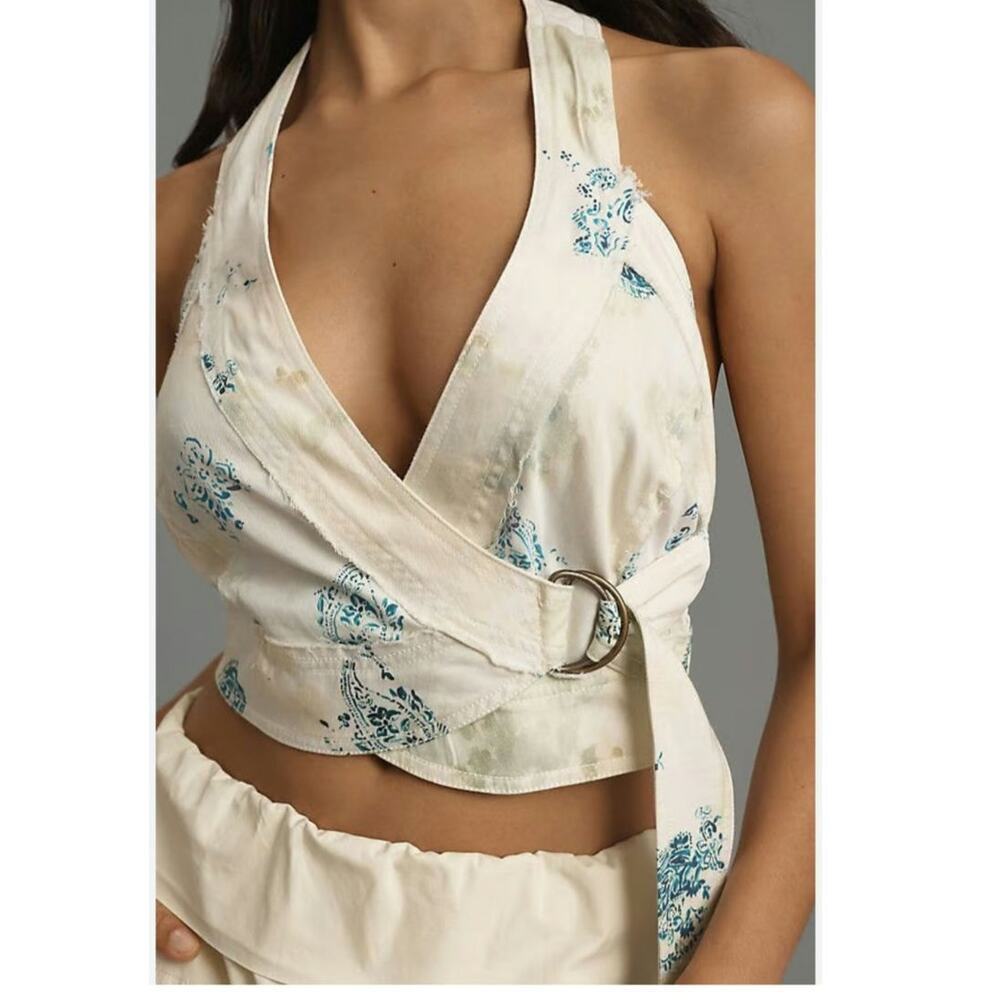 NWT Pilcro Halter Buckle Wrap Crop Top White Blue Floral Size Medium Large Boho